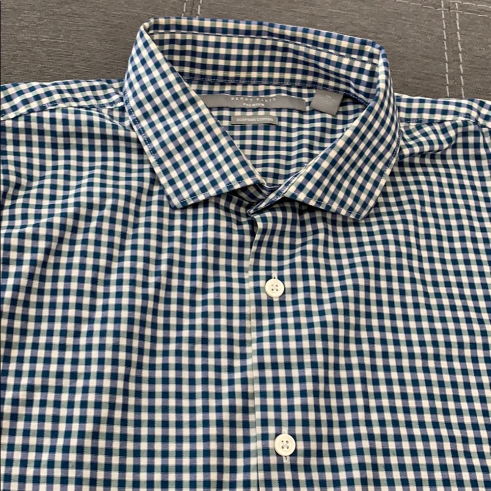 Perry Ellis Blue/Green Gingham Dress Shirt XL